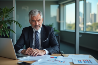 Homme d'affaires analysant des graphiques financiers dans un bureau moderne