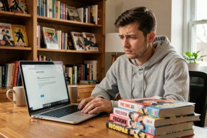 Jeune homme frustré devant un écran d'ordinateur affichant une erreur de site de scans manga