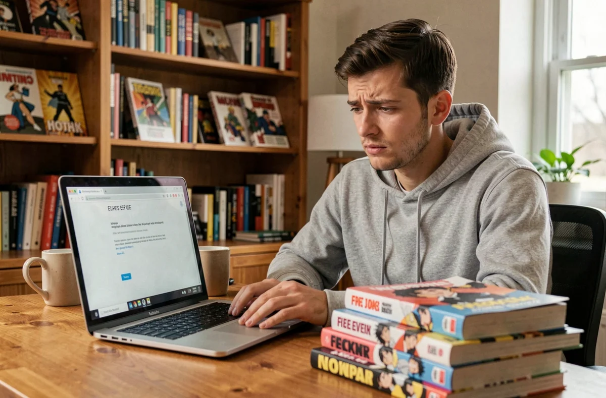Jeune homme frustré devant un écran d'ordinateur affichant une erreur de site de scans manga