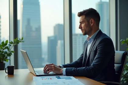 Homme d'affaires concentré devant ses rapports d'investissement