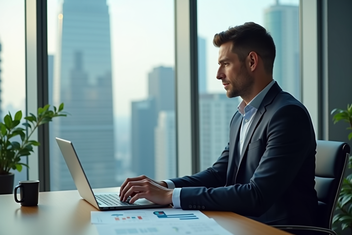 Homme d'affaires concentré devant ses rapports d'investissement