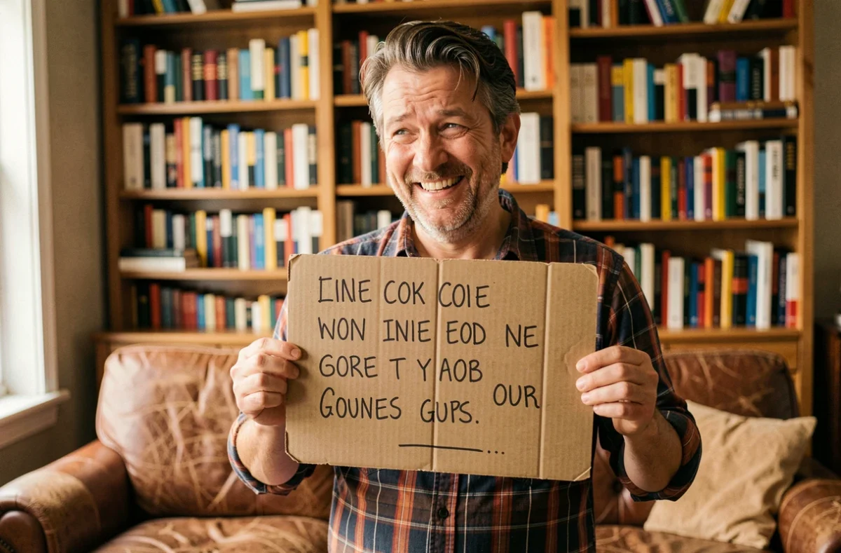 Homme tenant une pancarte avec un jeu de mots nul en souriant dans un salon cosy