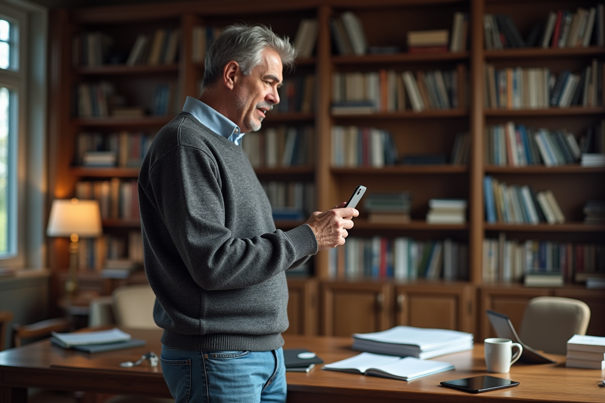 Homme d age vérifiant la sécurité sur son smartphone dans un bureau