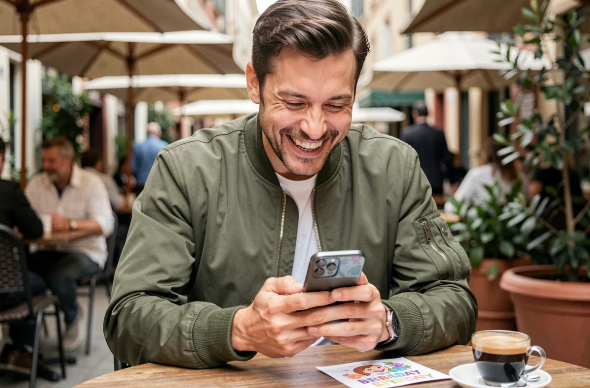 Homme souriant à son téléphone recevant un message d'anniversaire animé en terrasse de café