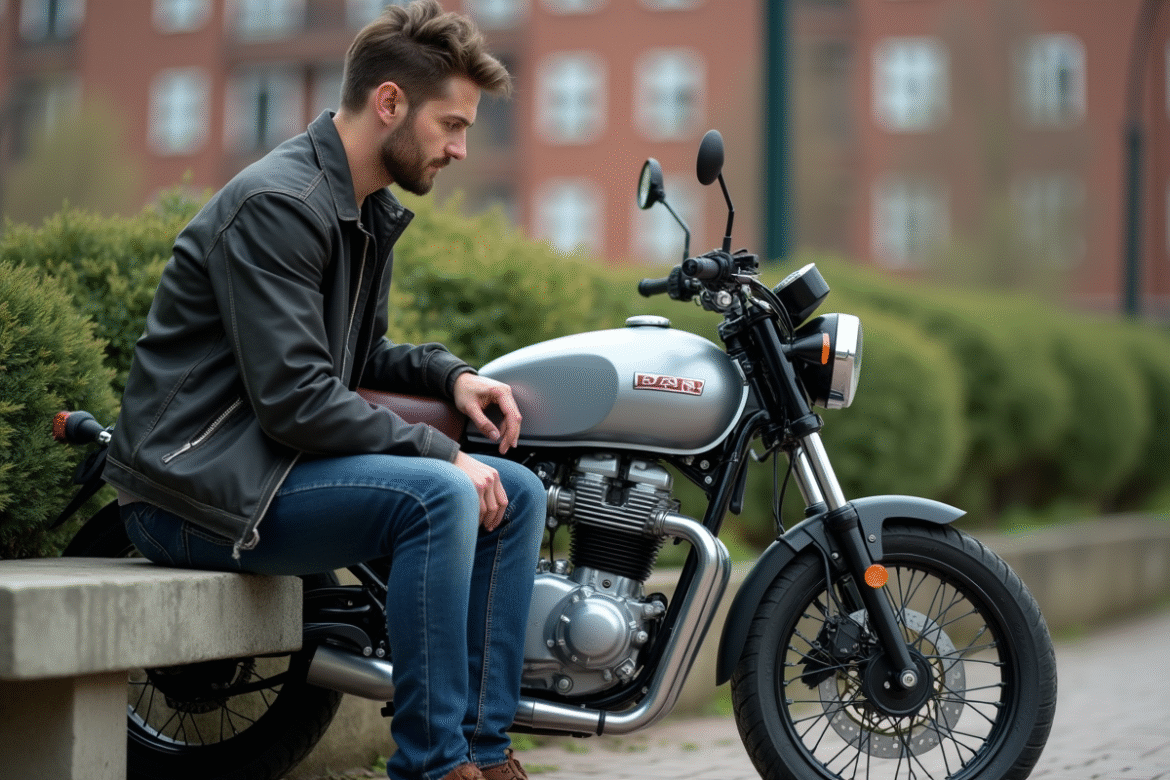 Homme assis près d'une moto Dax 125 en ville