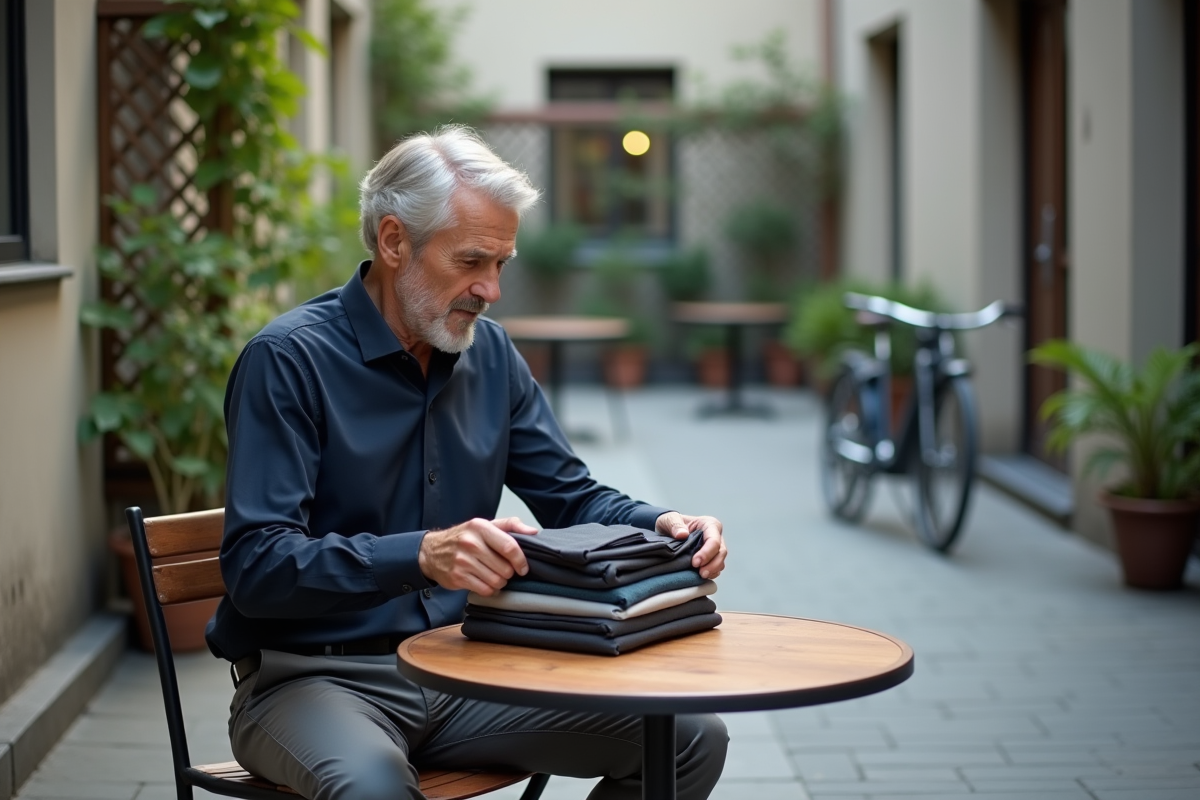 Homme organisant ses vêtements dans un café extérieur
