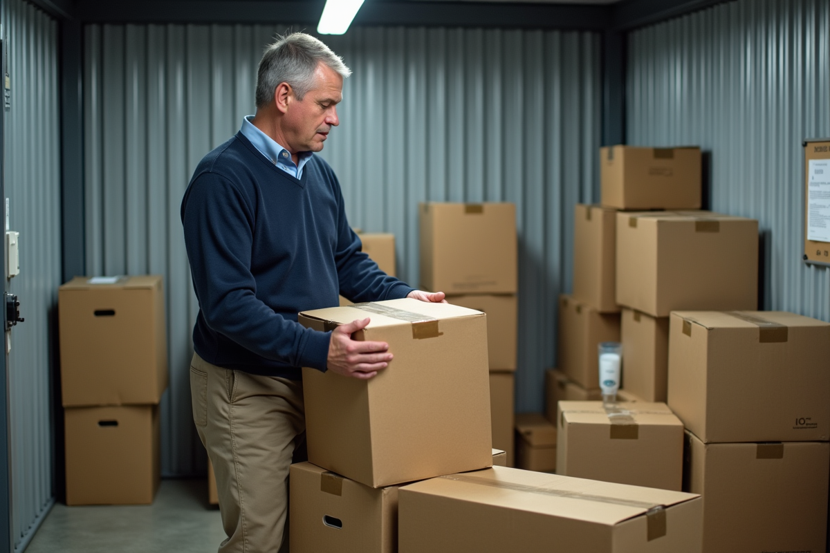 Homme rangeant des cartons dans un espace de stockage