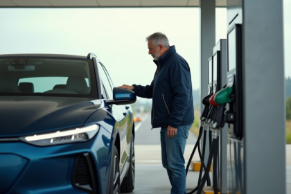 Homme perplexe à côté d'une voiture à hydrogène au station service