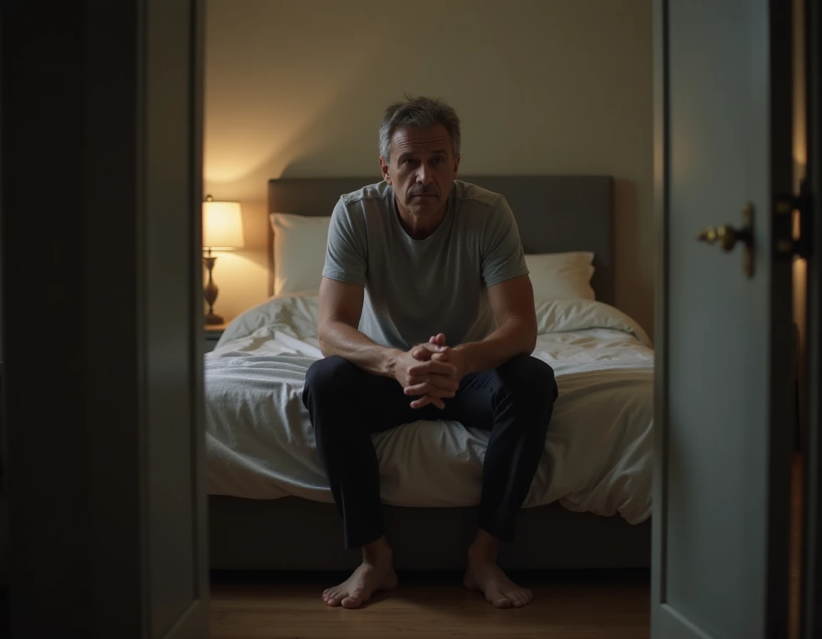 Homme adulte assis pensif au bord d'un lit, posture de réflexion émotionnelle illustrant le questionnement intérieur et les enjeux psychologiques du voyeurisme et du partage dans le couple