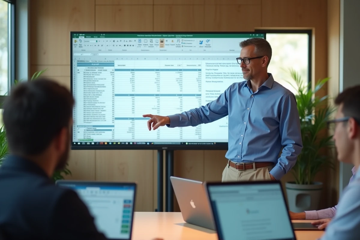 Homme expliquant un tableau Excel lors d