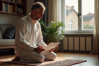 Homme musulman priant sur un tapis dans un salon à Bezons