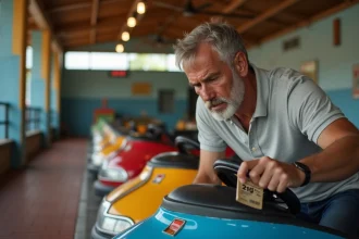 Homme examinant l'étiquette de prix d'une auto tamponneuse dans un parc d'attractions