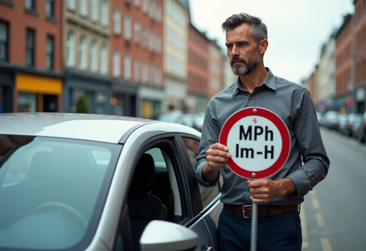 Homme vérifiant un panneau de limitation de vitesse