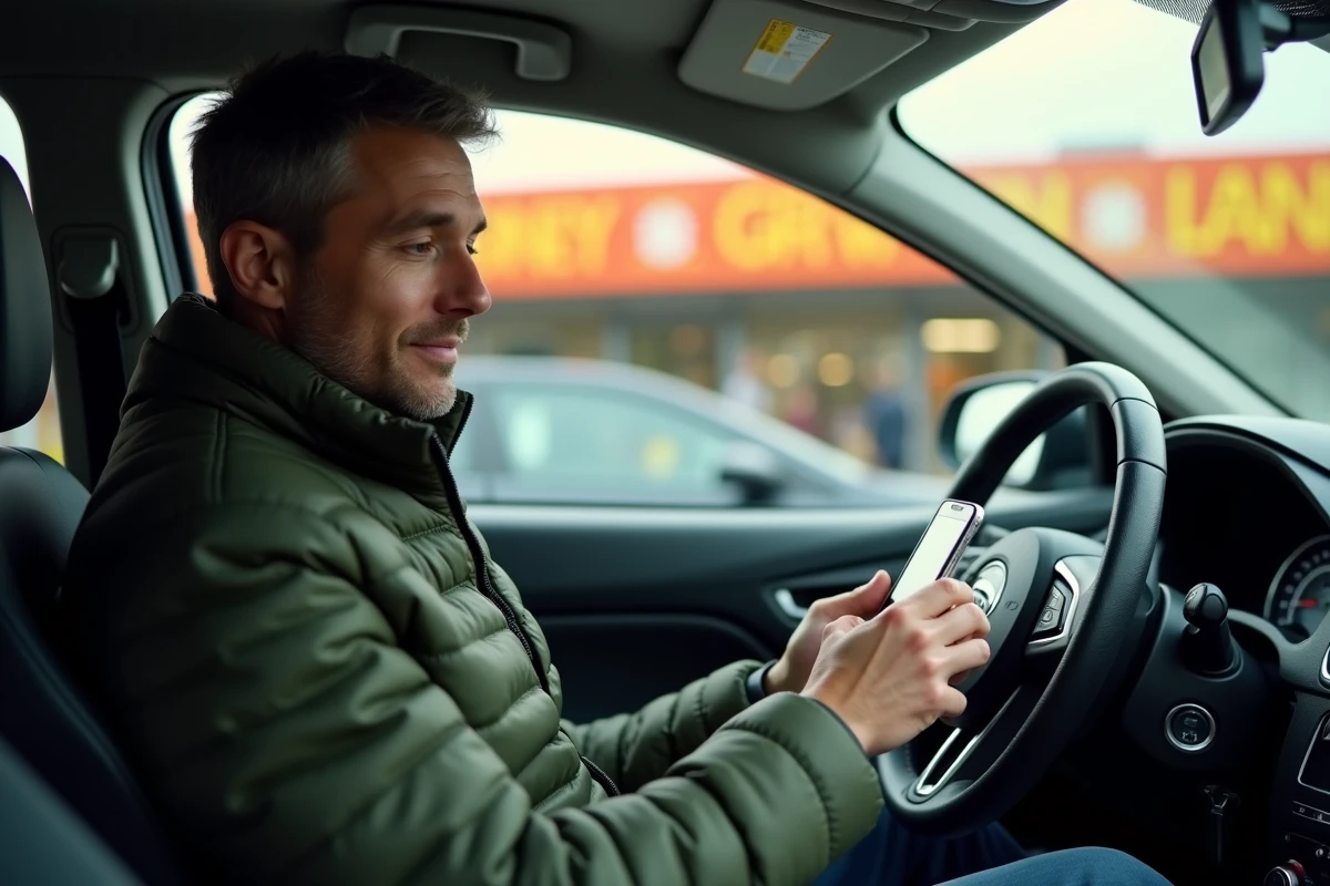 Homme consultant sa commande de courses sur smartphone depuis sa voiture dans un couloir de retrait drive de supermarché