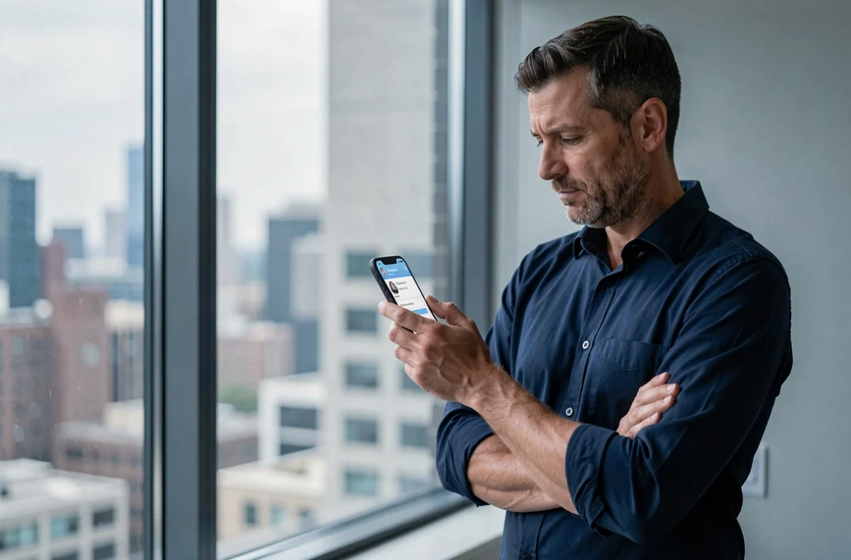 Homme consultant un test de personnalité Archange sur son smartphone dans un appartement moderne avec vue urbaine