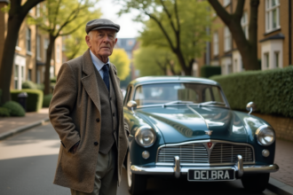 Homme âgé avec voiture vintage des années 60