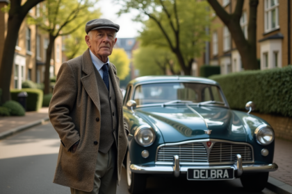 Homme âgé avec voiture vintage des années 60