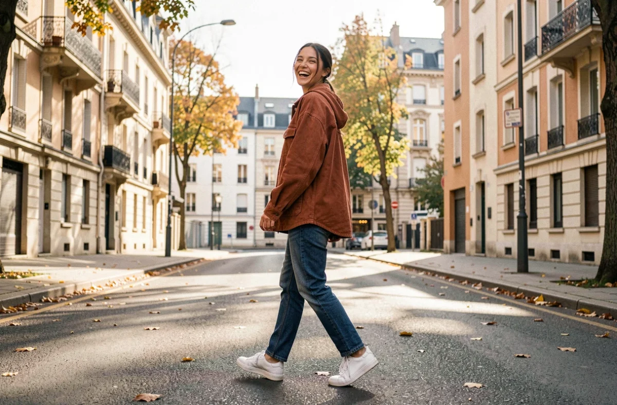 Portrait lifestyle d'une jeune femme en veste rouille marchant et riant dans une rue authentique de Seine-Saint-Denis pour Instant Suspendu Photographie