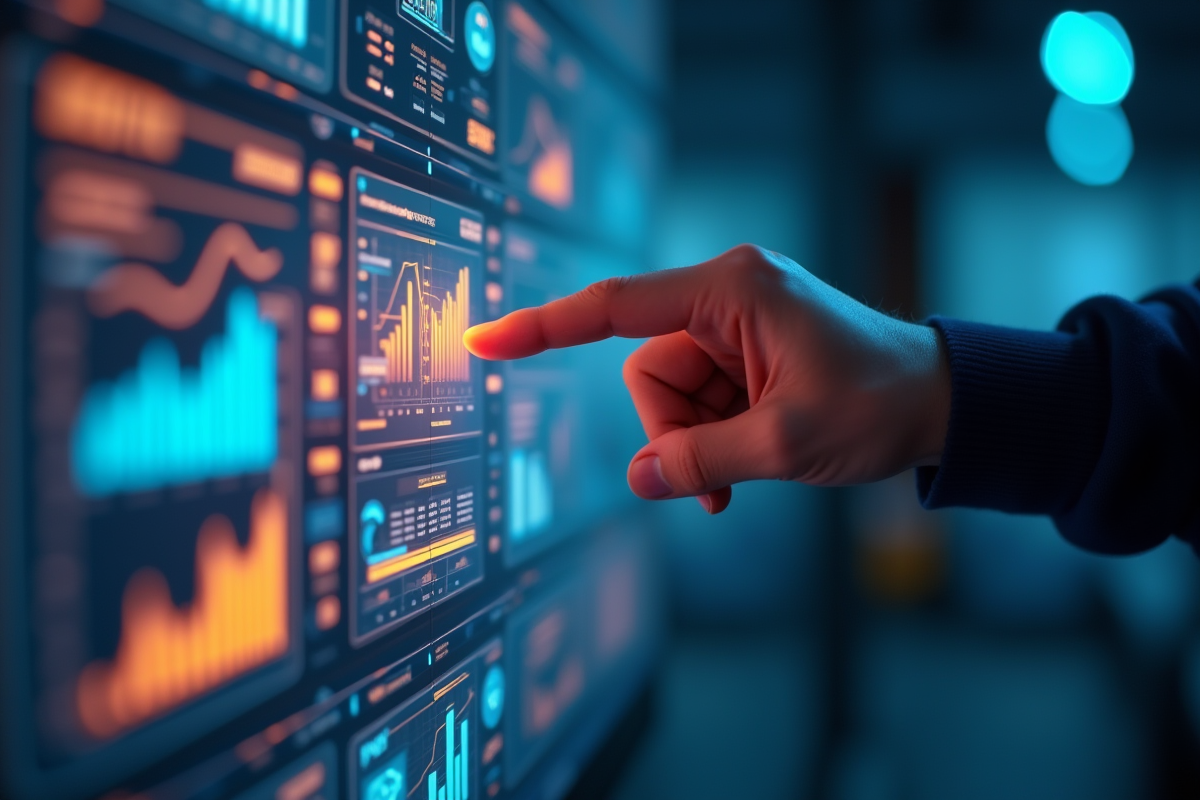 Main interagissant avec une interface digitale de marketing