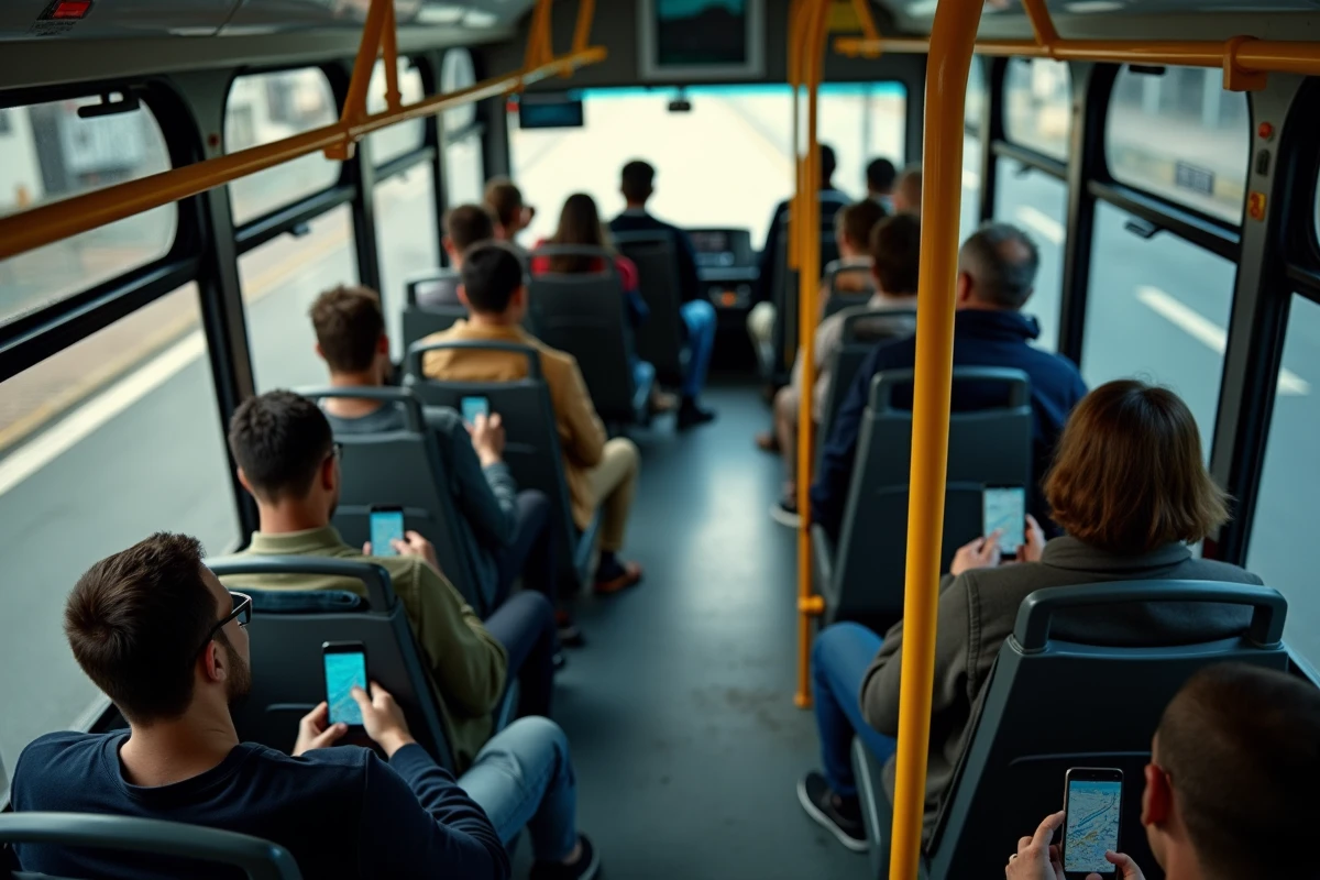 Vue intérieure d'un bus urbain avec des passagers consultant des applications de transport en temps réel sur leurs smartphones