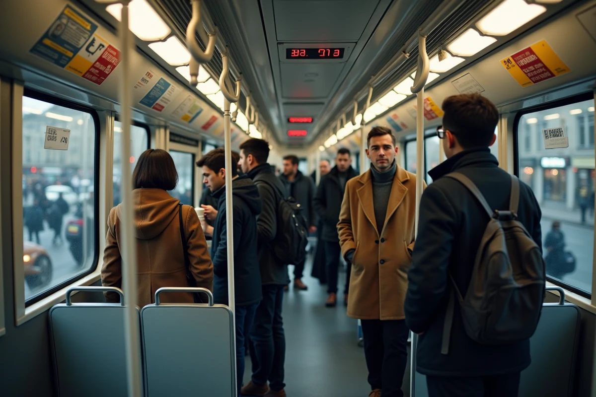 Intérieur bondé du tramway T3B avec passagers debout et assis pendant les heures de pointe