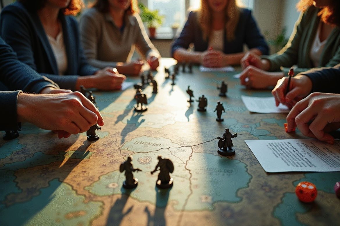 Partie de jeu de rôle sur table avec dés et cartes
