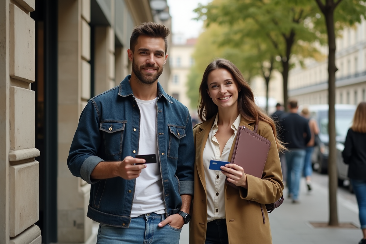 Jeune couple français devant une agence bancaire en ville