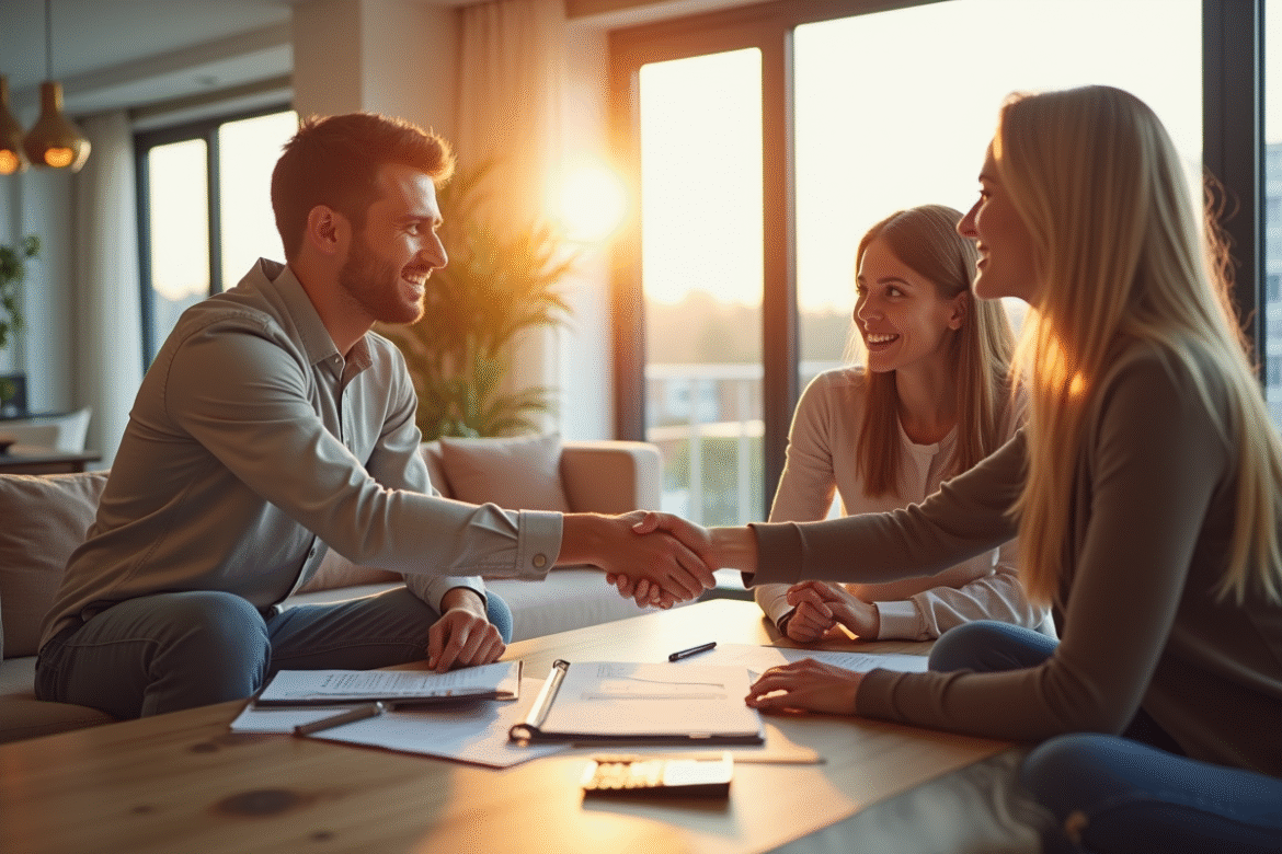 Jeune couple souriant avec agent immobilier dans un salon lumineux