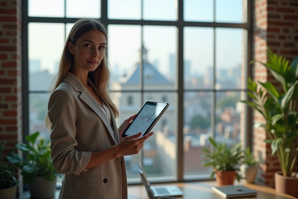 Jeune entrepreneure debout avec tablette dans un espace coworking