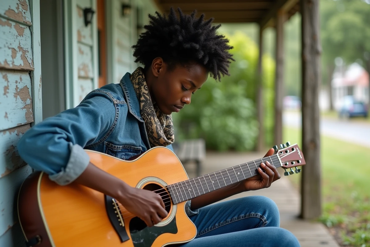 Jeune femme noire jouant de la guitare en extérieur