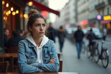 Jeune femme en ville frustrée assise seule en terrasse