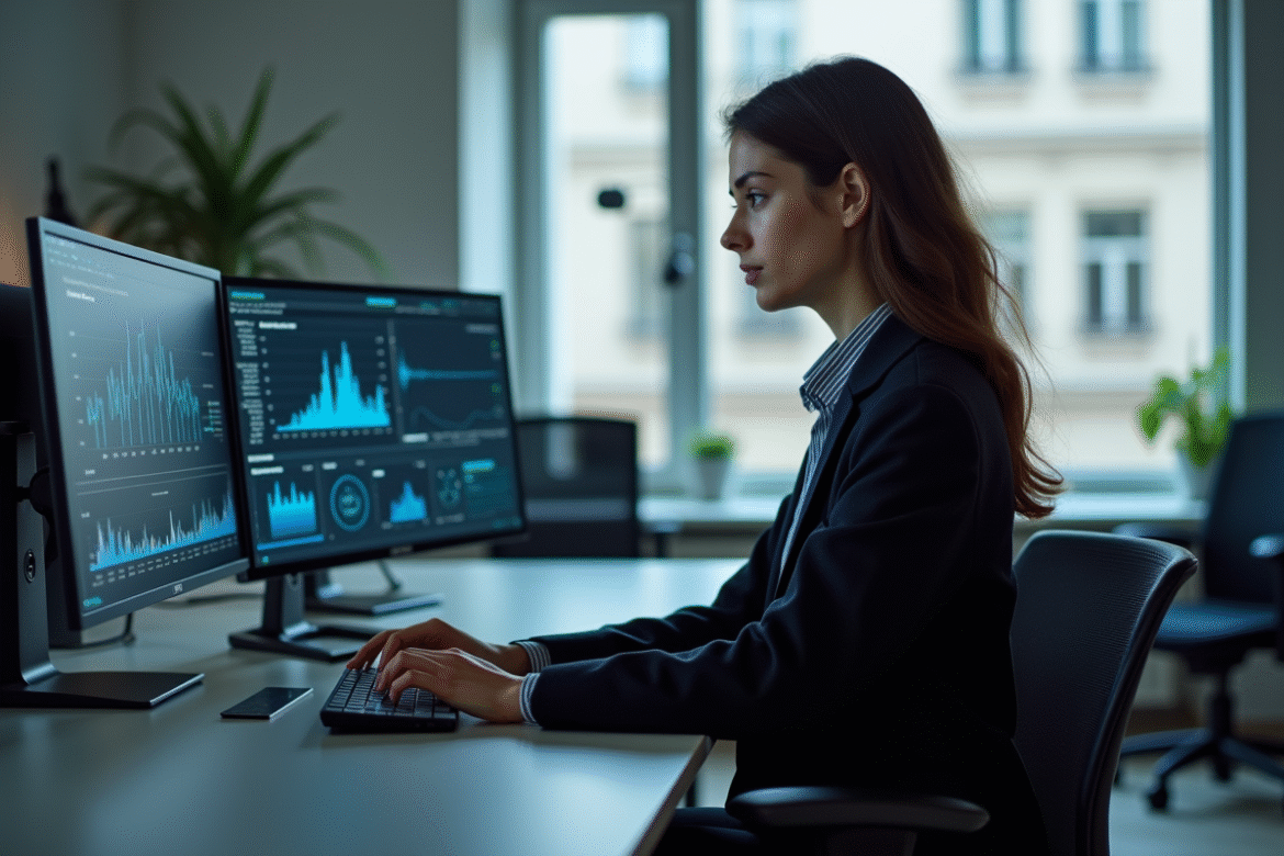 Jeune femme en bureau étudiant des données de cybersécurité