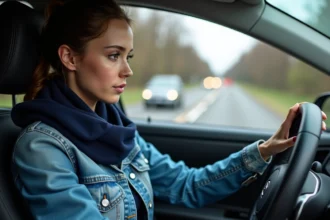 Jeune femme en voiture regardant le tableau de bord