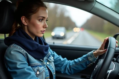 Jeune femme en voiture regardant le tableau de bord