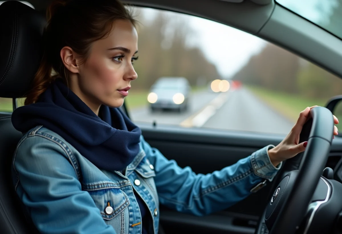 Jeune femme en voiture regardant le tableau de bord