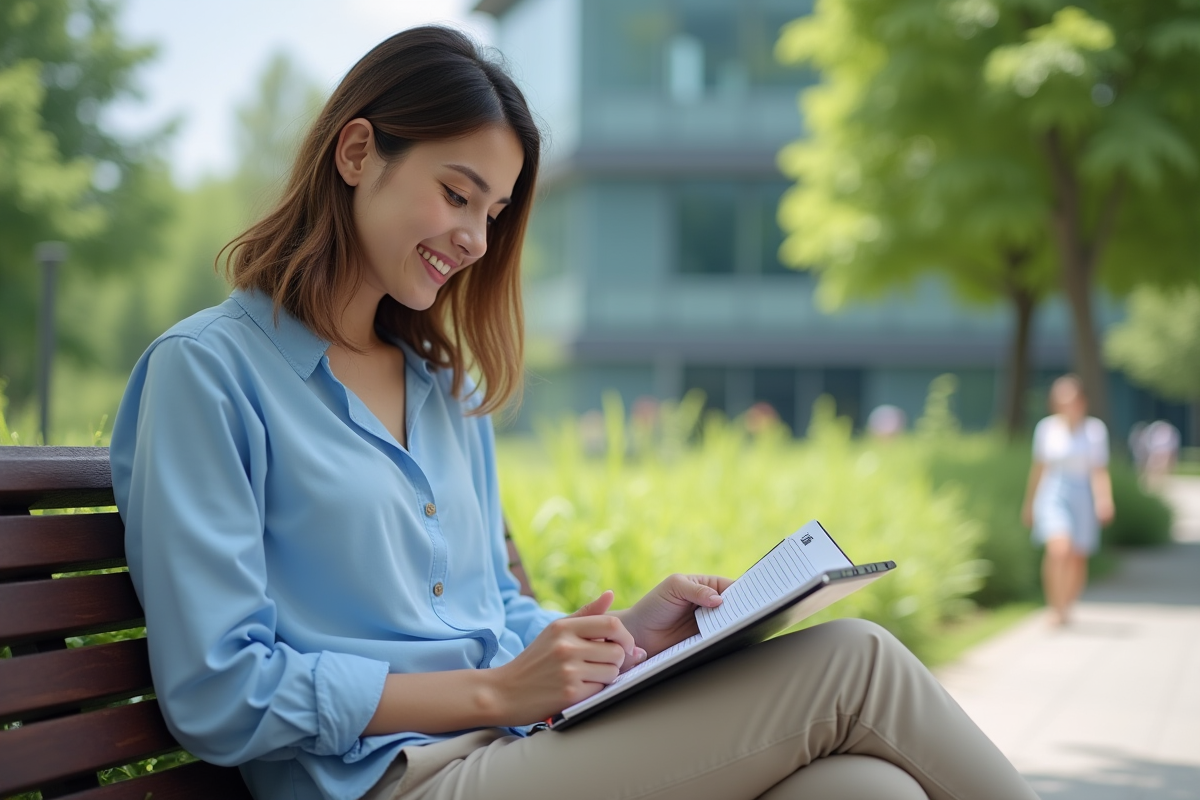 Jeune femme travaillant sur une tablette en plein air dans un parc