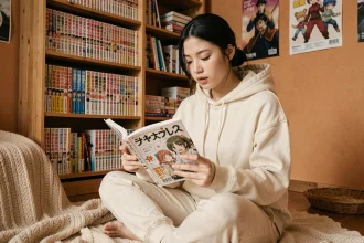 Jeune femme lisant un manga dans sa chambre entourée d'étagères remplies de volumes japonais
