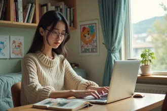 Jeune femme lisant manga sur ordinateur dans sa chambre