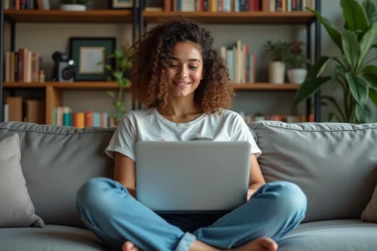 Jeune femme souriante avec ordinateur dans un salon cosy