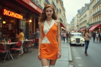 Jeune femme en robe géométrique orange à Paris années 60