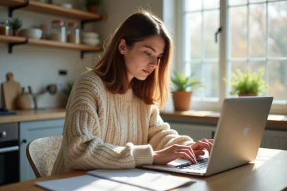 Jeune femme travaillant sur un ordinateur dans une cuisine lumineuse