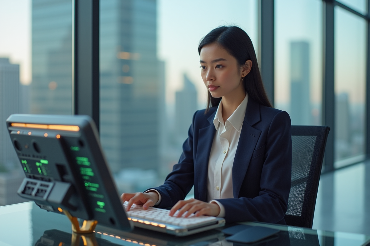 Jeune femme en bureau moderne utilisant un ordinateur quantique