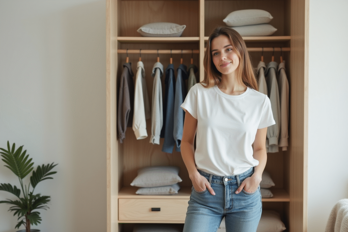 Jeune femme devant un vestiaire minimaliste et bien rangé