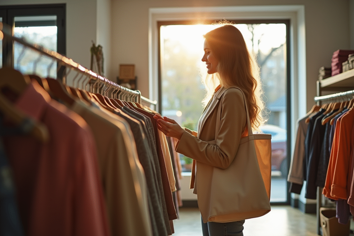 Jeune femme achetant des vetements d'occasion dans une boutique moderne