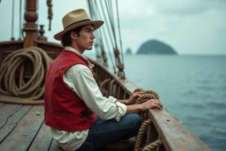 Jeune homme en chapeau de paille sur un pont de bateau en bois regardant l'horizon océanique, ambiance manga One Piece