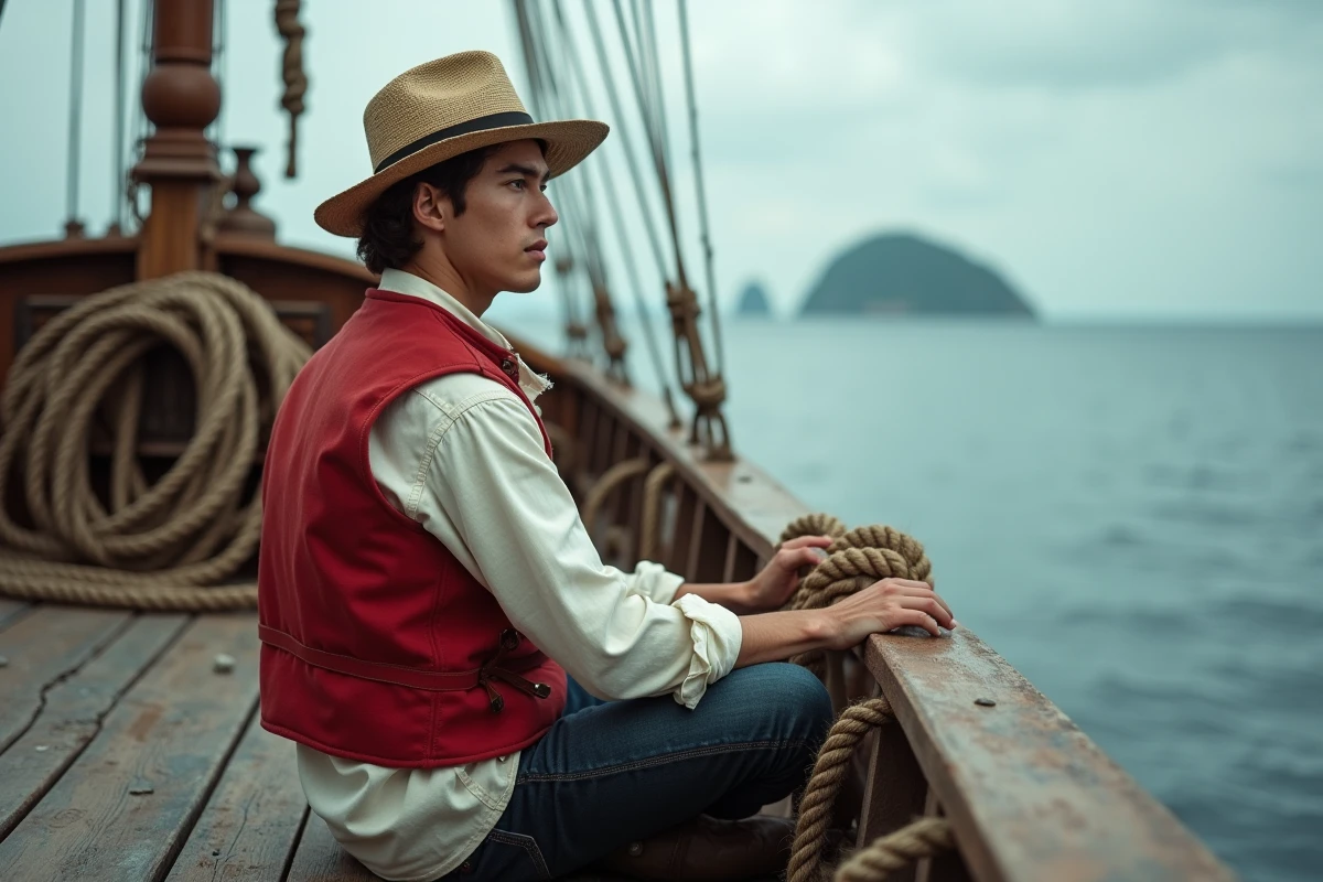 Jeune homme en chapeau de paille sur un pont de bateau en bois regardant l'horizon océanique, ambiance manga One Piece