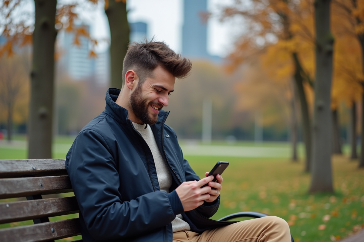 Jeune homme lisant une citation dans un parc urbain
