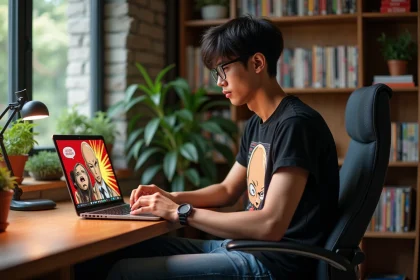 Jeune homme lisant manga sur laptop dans un bureau