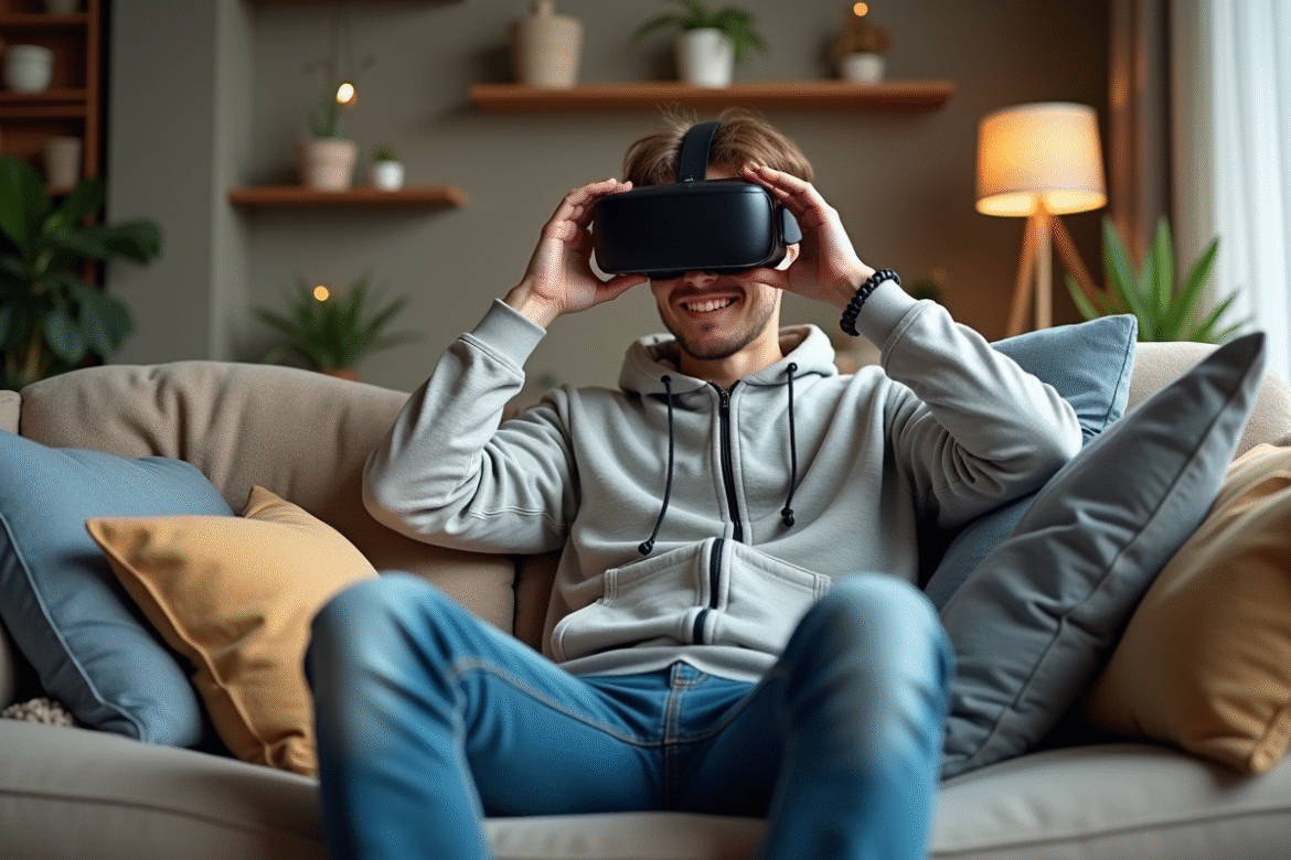 Jeune homme en jeans utilisant un casque VR dans un salon moderne