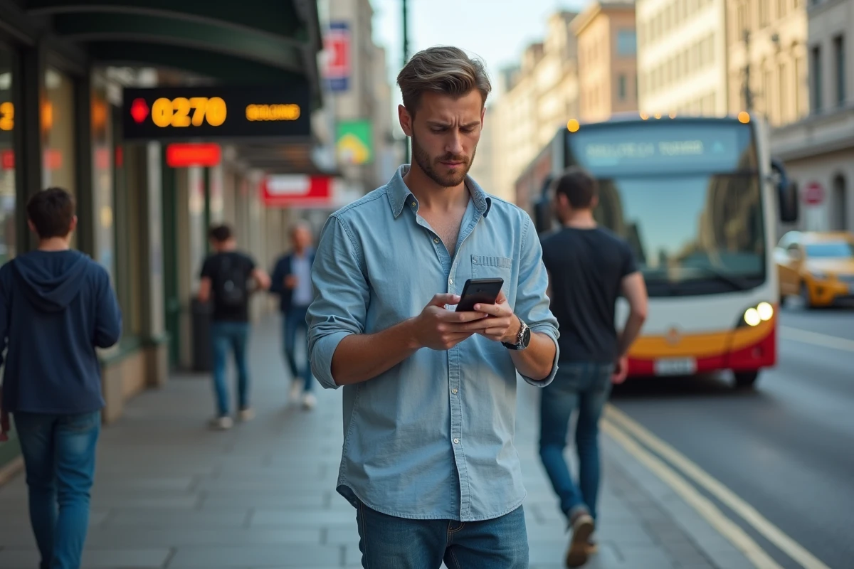 Jeune homme sceptique avec smartphone en ville